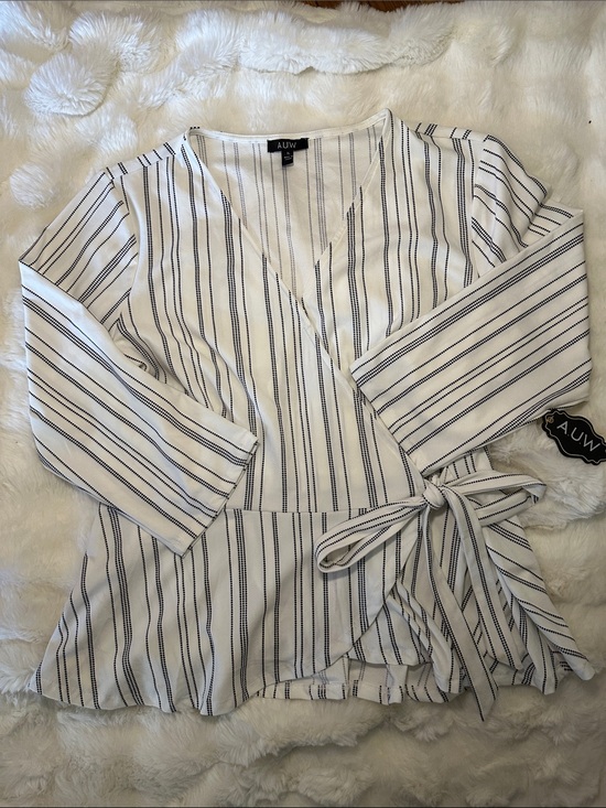 AUW Tops - AUW White & Black Striped Wrap Blouse